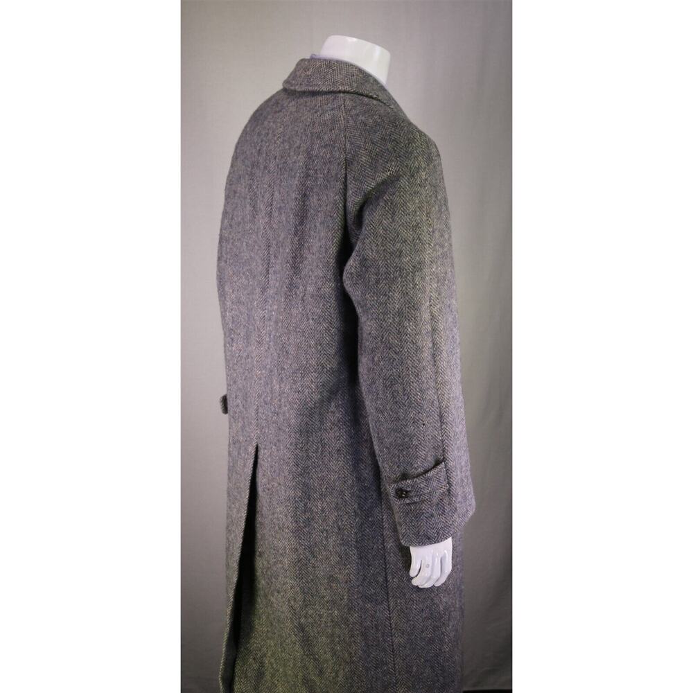 Aquascutum 1980's Blue-Gray Herringbone Tweed Heavy Full Length Overcoat 42R - Picture 6 of 9